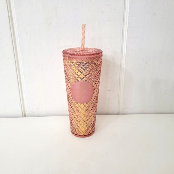 Starbucks 24 Oz Rose Gold Diamond Patterned Tumbler With Straw - Picture 1 of 5
